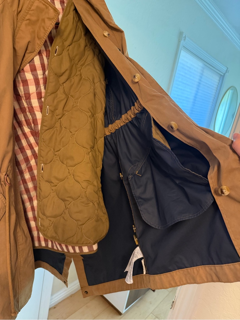 Madewell Tan Jacket with Removable Red and White Plaid Lining and Hood - Picture 9 of 11